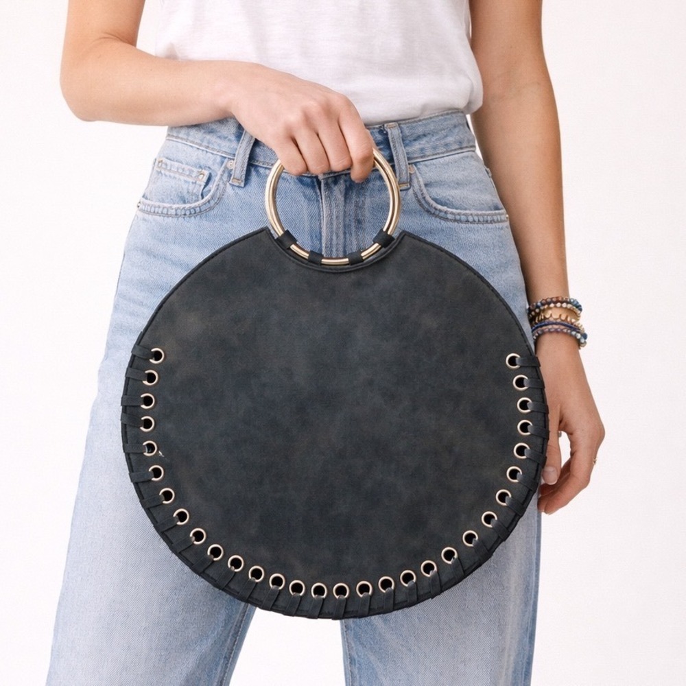 Anthro Marla Round Tote 13" Circle Grommet Ring Handle Boho Bag Grey
